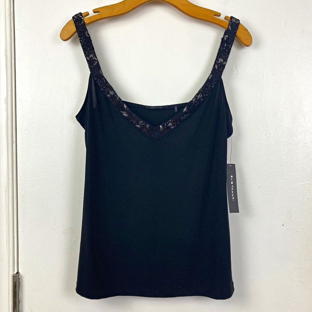 Elie Tahari NWT Laya Blouse Black Beaded Sequin V-Neck Camisole Tank Top Size M